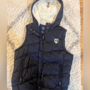 American Eagle Outfitters AEO Hooded Puffer Vest Faux Fur Plaid Lined Large